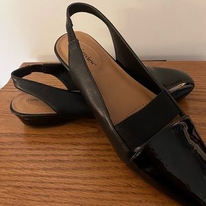 Comfortfit Shoes.Black.Sling back with 1inch wedge heel.size 10.5 x wide.